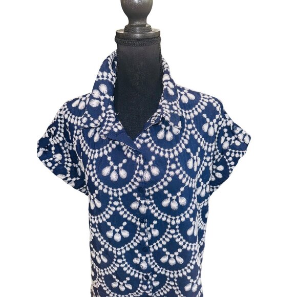 Fig + Flower Boho Embroidered Womens Blue & White Button-Up Shirt L Prairie - Picture 2 of 10